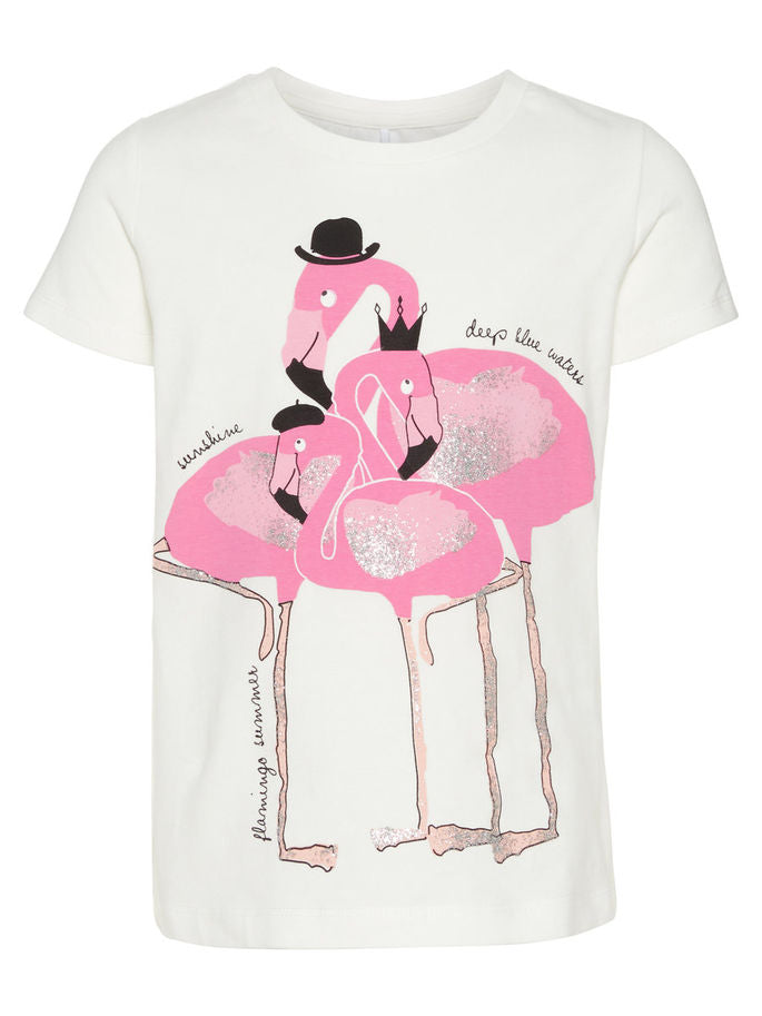 Name it Mini Girl T-Shirt with Pink Glitter Flamingos SNOW WHITE FRONT