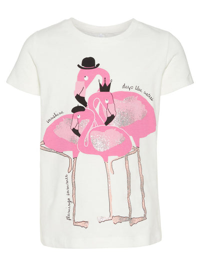 Name it Mini Girl T-Shirt with Pink Glitter Flamingos SNOW WHITE FRONT