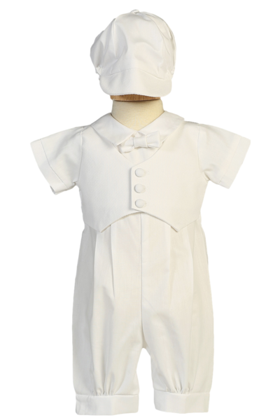 Boy's White Cotton Christening Romper With Matching Cap