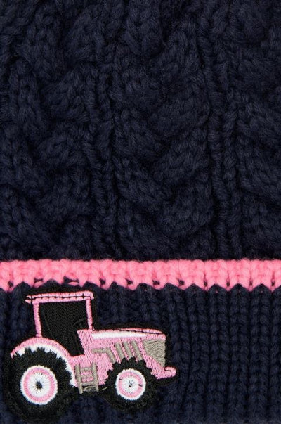 Lighthouse Girls Cable Knit Bobble Hat - Pink Tractor