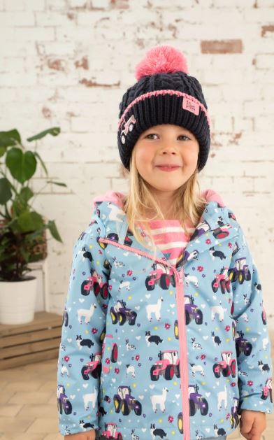 Lighthouse Girls Cable Knit Bobble Hat - Pink Tractor