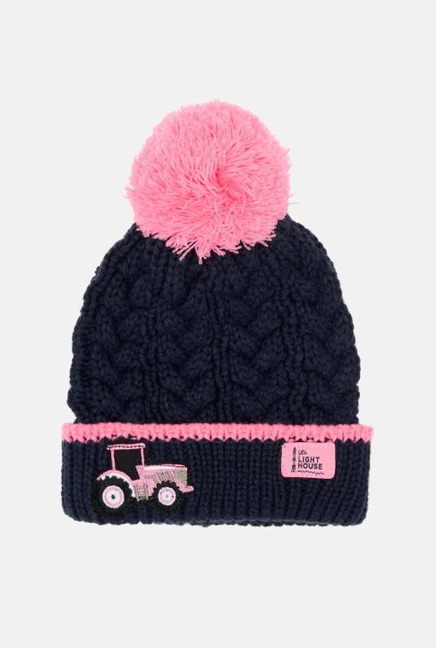 Lighthouse Girls Cable Knit Bobble Hat - Pink Tractor