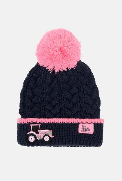 Lighthouse Girls Cable Knit Bobble Hat - Pink Tractor