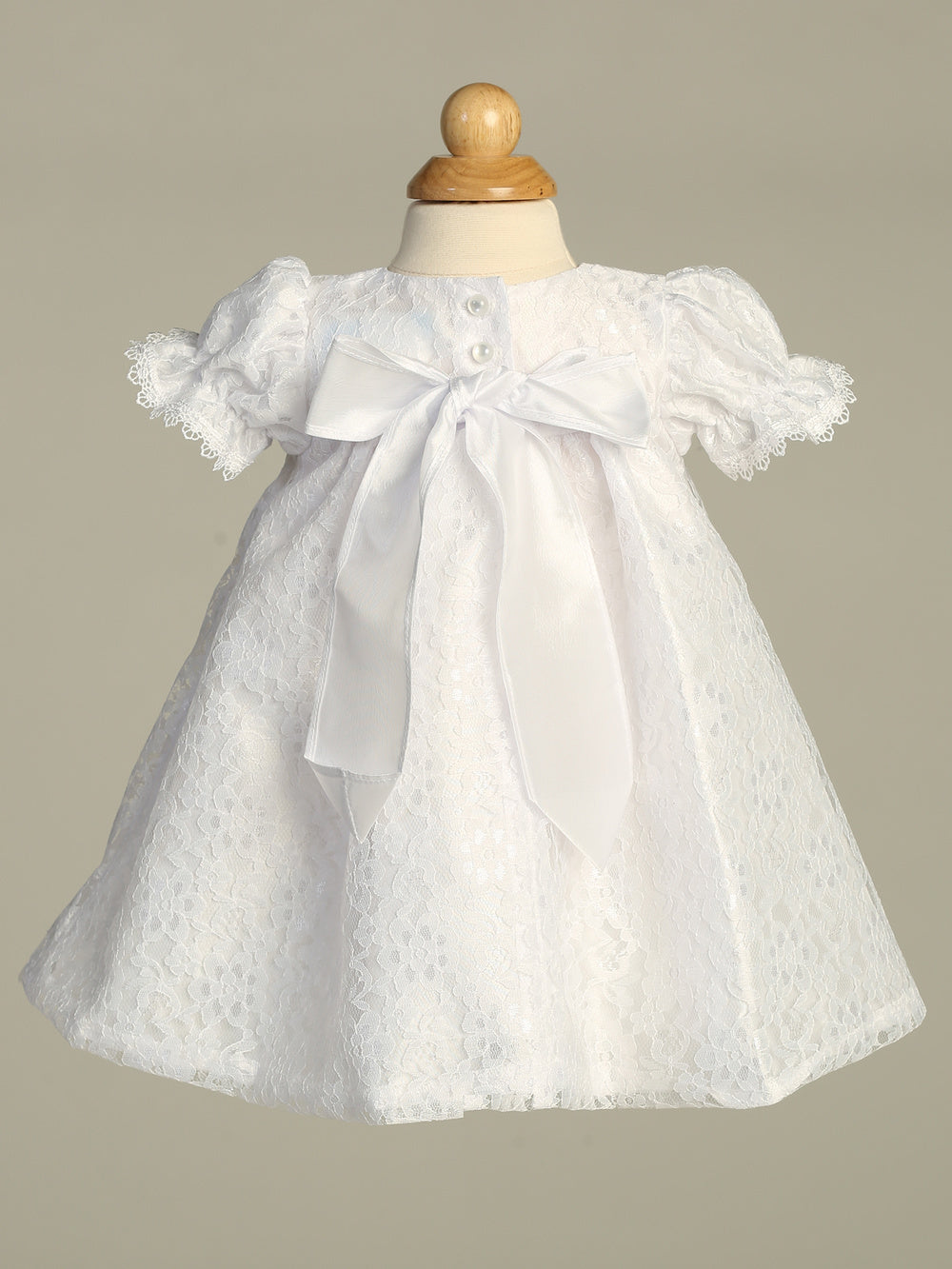 Girls Short White Lace Christening Dress With Matching Bonnet