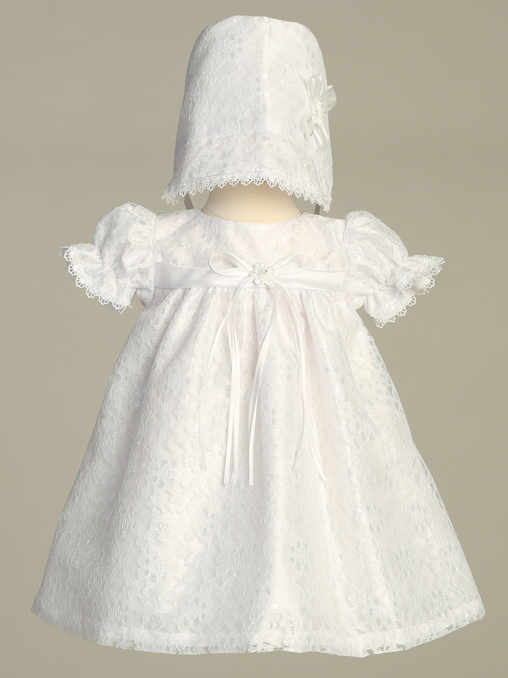 Girls Short White Lace Christening Dress With Matching Bonnet