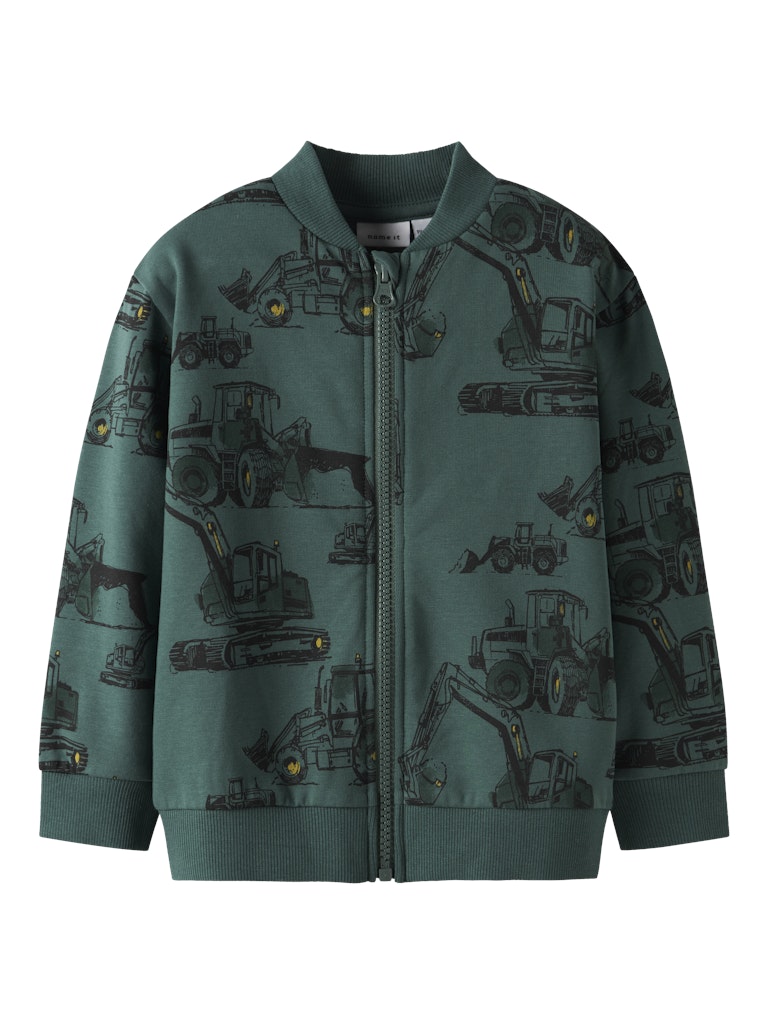 Green jacket with construction vehicle pattern on a white background
