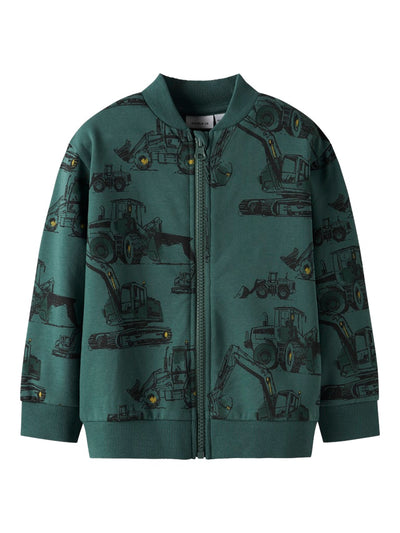 Green jacket with construction vehicle pattern on a white background