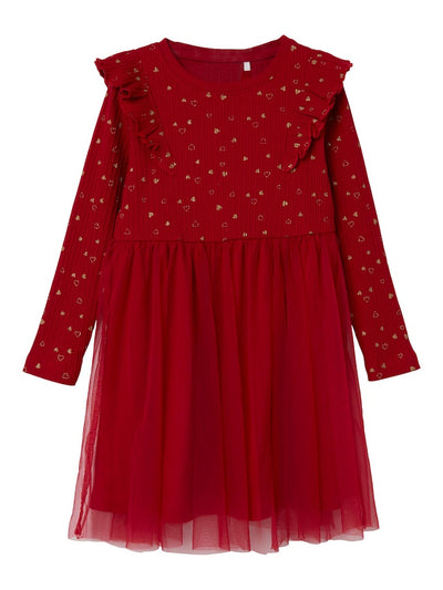 Name it Girls Red Tulle Dress with Gold Hearts