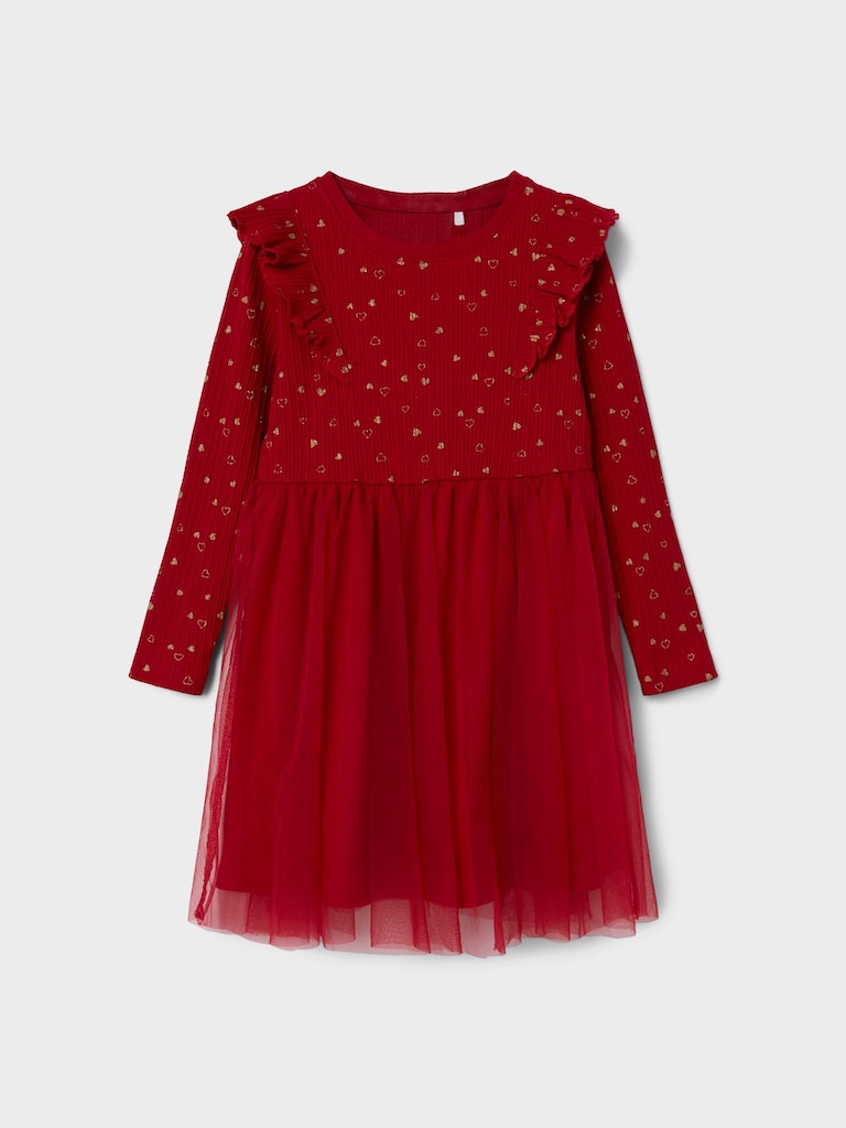 Name it Girls Red Tulle Dress with Gold Hearts