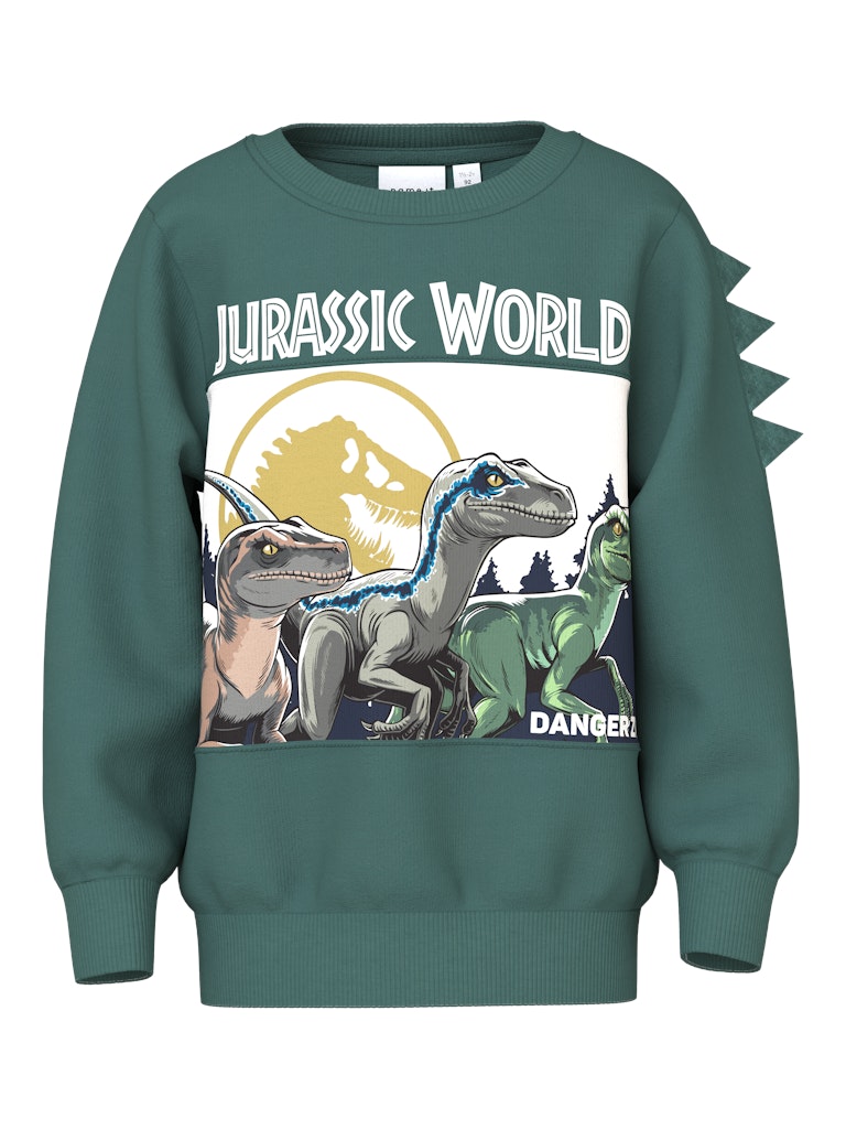 Green sweatshirt with 'Jurassic World' dinosaur graphic on a white background