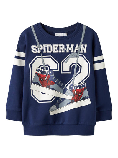 Navy blue sweatshirt with Spider-Man graphic on a white background