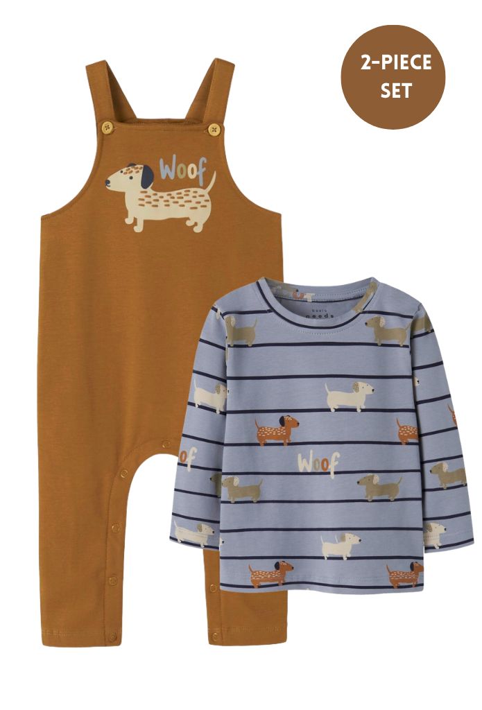 Name it Baby Boy 2-Piece Dungaree Set - Mustard Dogs