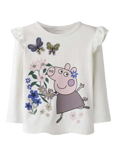 White t-shirt with Peppa Pig graphic and butterfly design on a white background