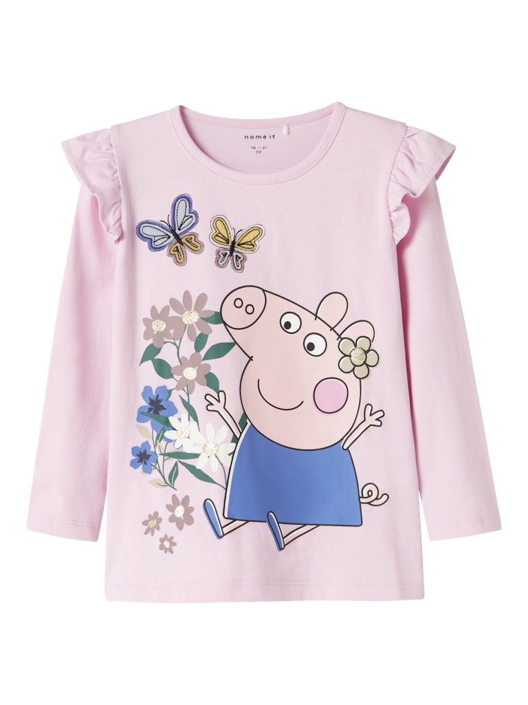 Pink children's t-shirt with Peppa Pig design and butterflies on a white background