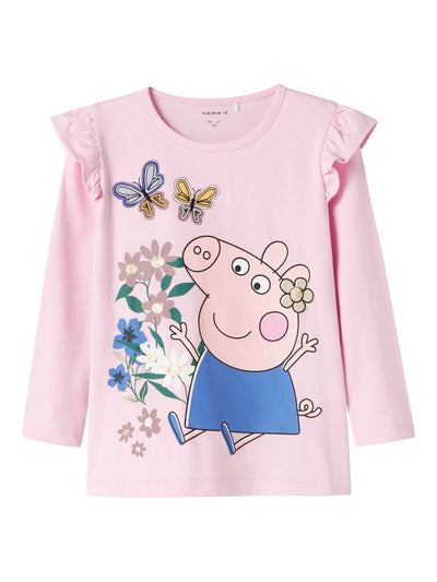 Pink children's t-shirt with Peppa Pig design and butterflies on a white background