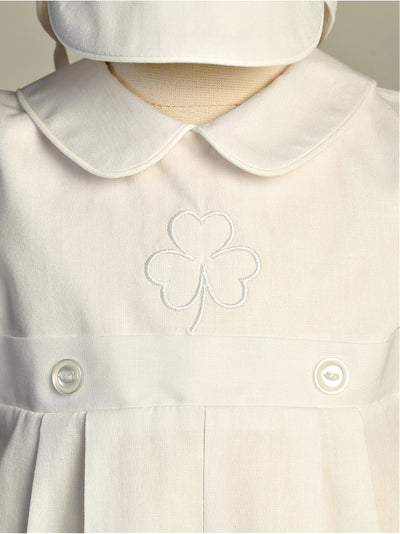 Boy's White Cotton Christening Romper With Shamrock Embroidery