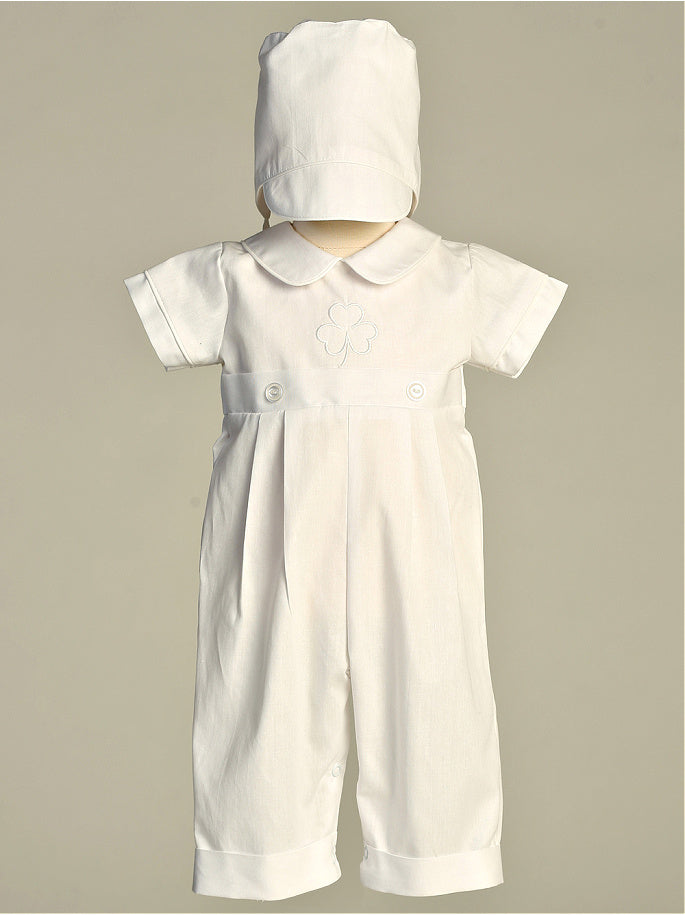 Boy's White Cotton Christening Romper With Shamrock Embroidery