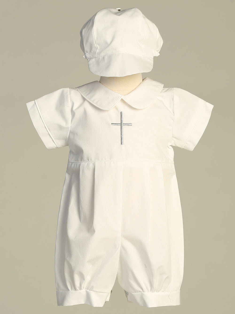 Boy's White Christening Romper With Cross Embroidery