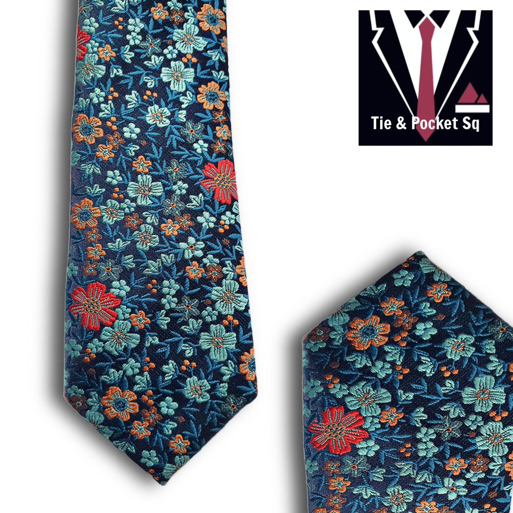 Zazzi Boys Floral  Blue Tie and Matching Pocket Square T6078-2