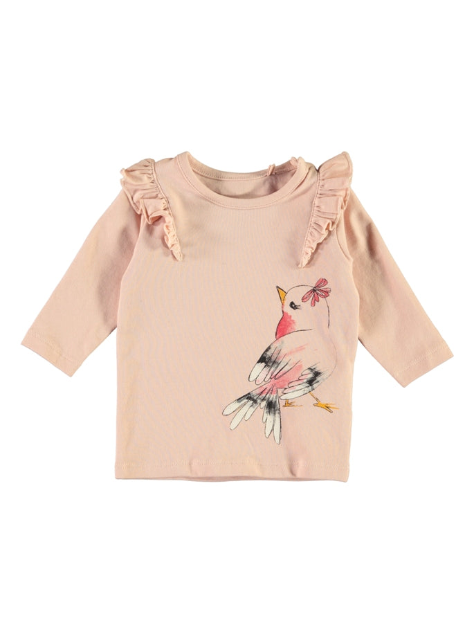 Name it Newborn Girl Long Sleeved Bird Top with Frill Detail