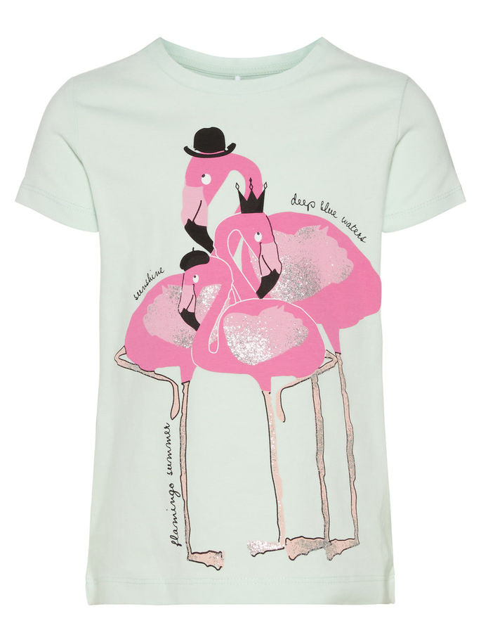 Name it Mini Girl T-Shirt with Pink Glitter Flamingos DUSTY AQUA FRONT