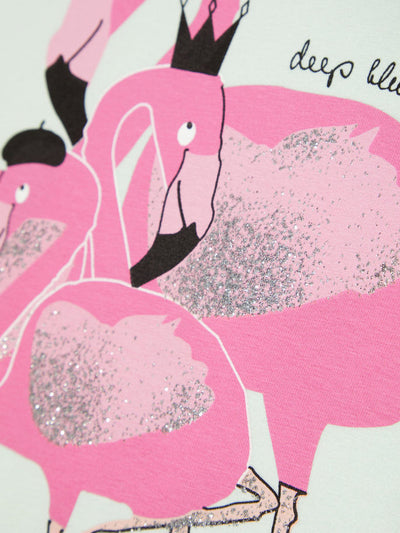 Name it Mini Girl T-Shirt with Pink Glitter Flamingos DUSTY AQUA CLOSE UP