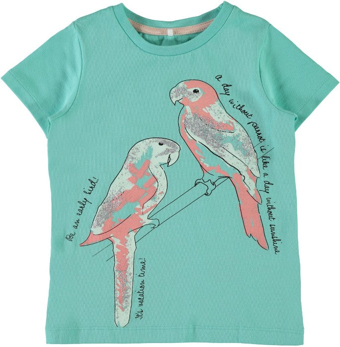 Name it Mini Girl T-Shirt with Glitter Birds POOL BLUE FRONT