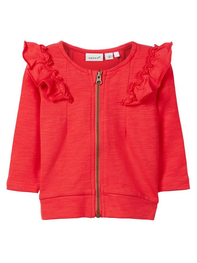 Name it Baby Girl Organic Cotton Zip Up Sweat Cardigan with Frill on Shoulders HIBISCUS FRONT