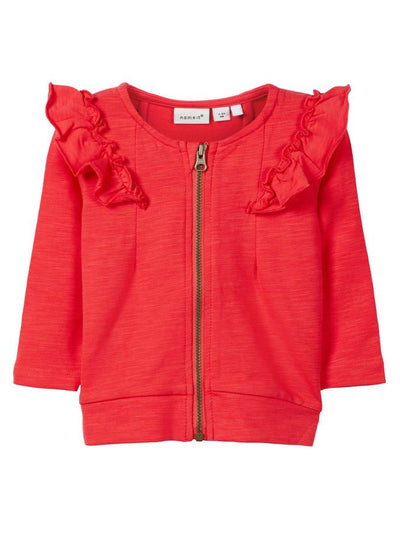 Name it Baby Girl Organic Cotton Zip Up Sweat Cardigan with Frill on Shoulders HIBISCUS FRONT