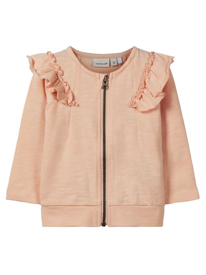 Name it Baby Girl Organic Cotton Zip Up Sweat Cardigan with Frill on Shoulders PEACHY KEEN FRONT