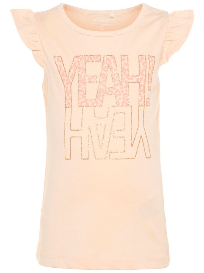 Name it Mini Girl Cap Sleeved Top with Glitter YEAH Print PEACHY KEEN FRONT