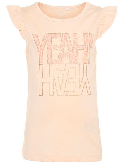 Name it Mini Girl Cap Sleeved Top with Glitter YEAH Print PEACHY KEEN FRONT