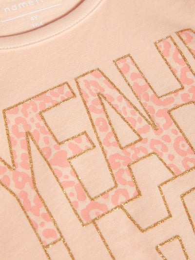 Name it Mini Girl Cap Sleeved Top with Glitter YEAH Print PEACHY KEEN GLITTER 