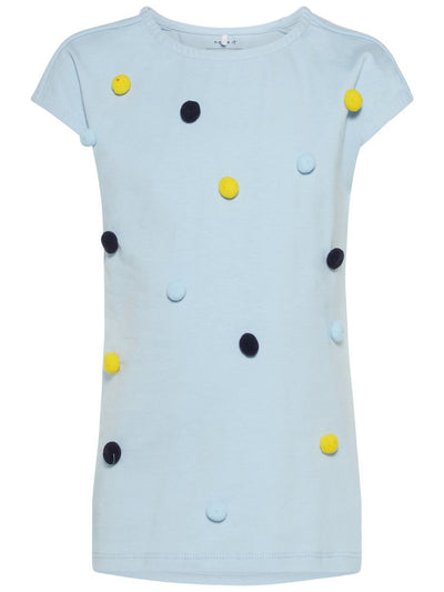 Name it Mini Girl Organic Cotton Cap Sleeved T-Shirt with Colourful Pom Poms CASHMERE BLUE FRONT