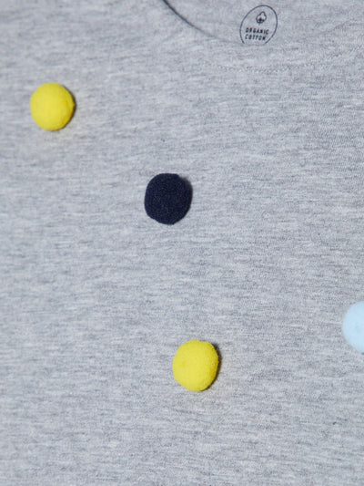 Name it Mini Girl Organic Cotton Cap Sleeved T-Shirt with Colourful Pom Poms GREY MELANGE CLOSE UP