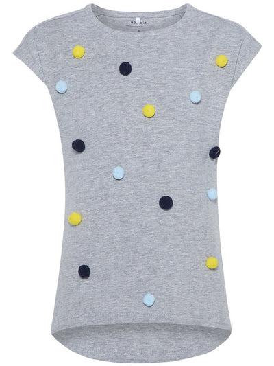 Name it Mini Girl Organic Cotton Cap Sleeved T-Shirt with Colourful Pom Poms GREY MELANGE FRONT