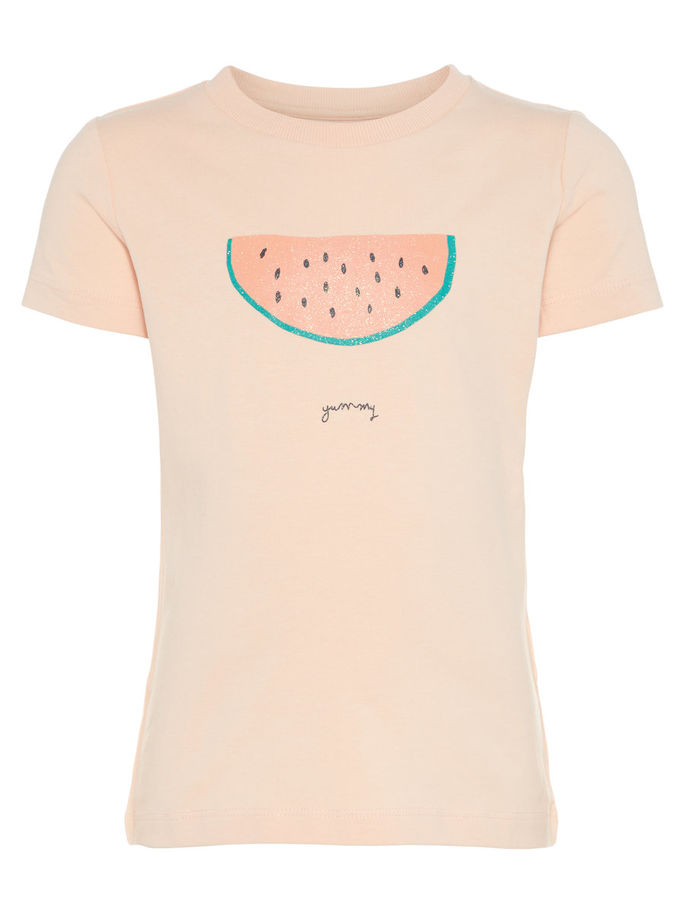 Name it Mini Girl Organic Cotton T-Shirt with Glittery Fruit Print PEACHY KEEN FRONT