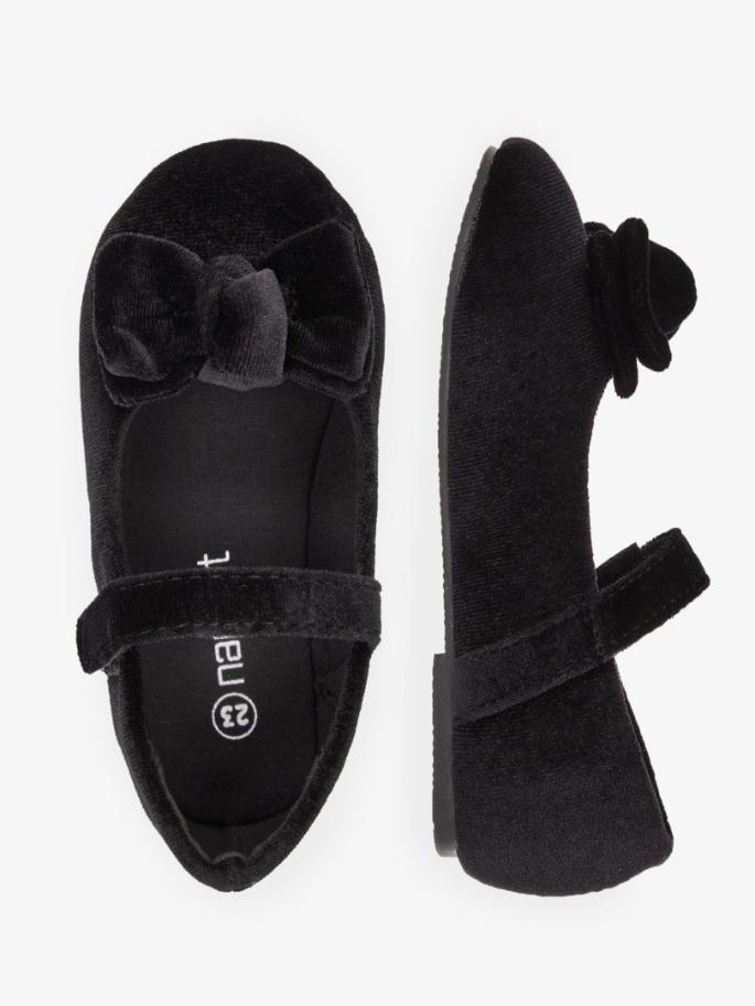 Name it Mini Girl Black Velvet Velcro Shoes with Bow Detail - Main Image