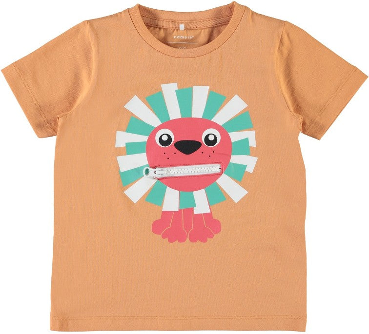 Name it Mini Boy Organic Cotton Tiger T-Shirt with Zip Mouth COPPER TAN FRONT ZIP CLOSED