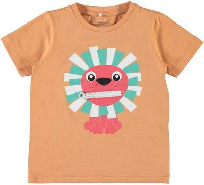 Name it Mini Boy Organic Cotton Tiger T-Shirt with Zip Mouth COPPER TAN FRONT ZIP CLOSED