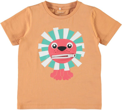 Name it Mini Boy Organic Cotton Tiger T-Shirt with Zip Mouth COPPER TAN FRONT ZIP OPEN