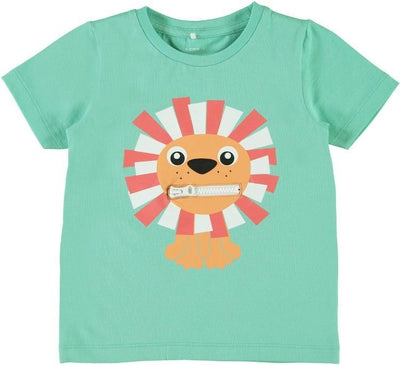 Name it Mini Boy Organic Cotton Tiger T-Shirt with Zip Mouth POOL BLUE FRONT ZIP CLOSED