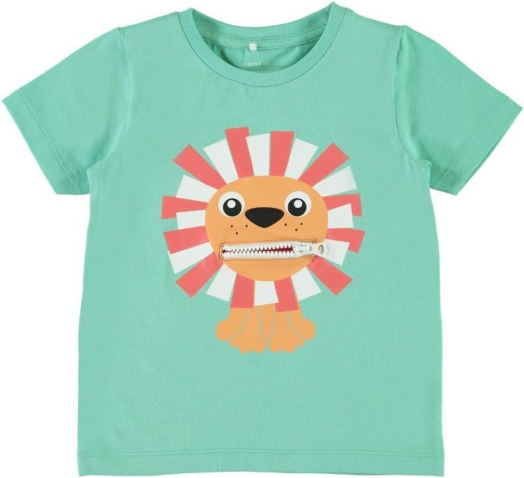 Name it Mini Boy Organic Cotton Tiger T-Shirt with Zip Mouth POOL BLUE FRONT ZIP OPEN