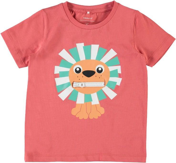 Name it Mini Boy Organic Cotton Tiger T-Shirt with Zip Mouth SPICED CORAL FRONT ZIP CLOSED