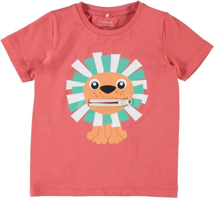 Name it Mini Boy Organic Cotton Tiger T-Shirt with Zip Mouth SPICED CORAL FRONT ZIP OPEN