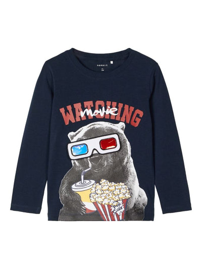 name it toddler boy navy long sleeve top with bear watching a movie graphic