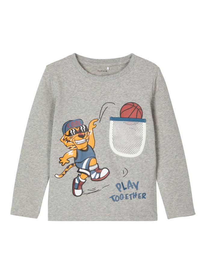 name it toddler boys grey long sleeve top with tiger basketball graphic