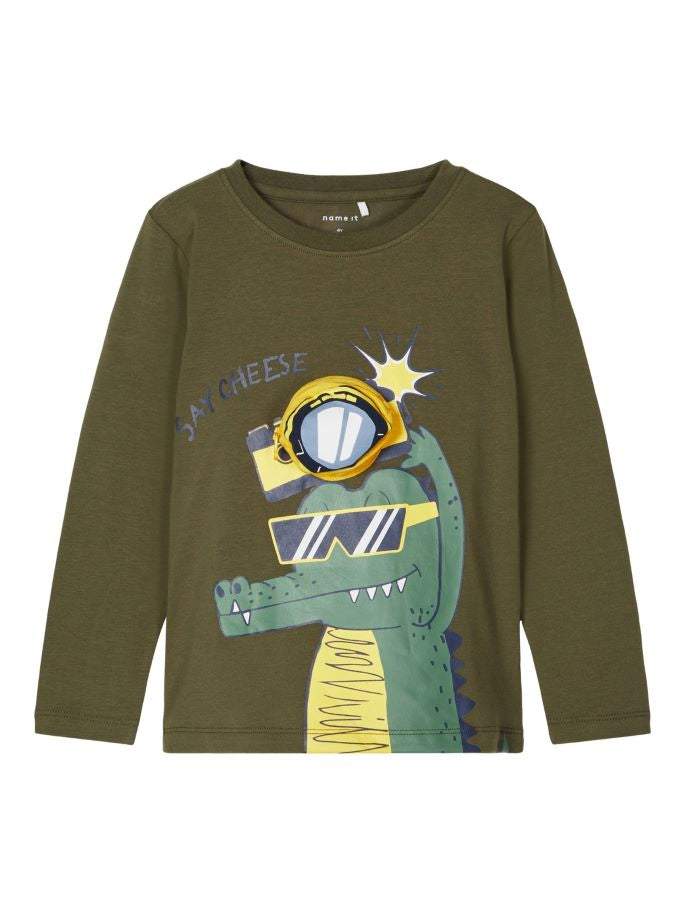 name it toddler boys khaki green long sleeve top with crocodile graphic