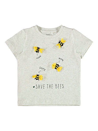 Name it Mini Girls Short Sleeved Grey T-Shirt with Bees Graphic