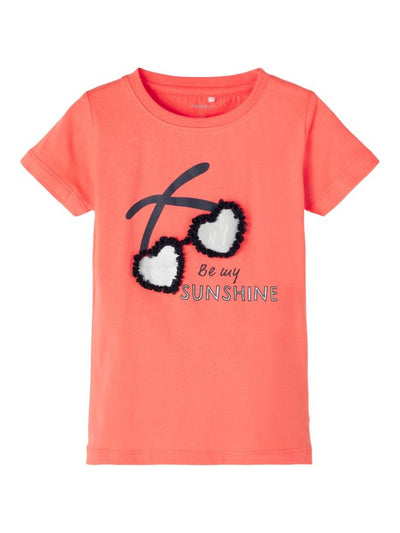 Name it Mini Girls Coral Short Sleeved 3D Graphic Top